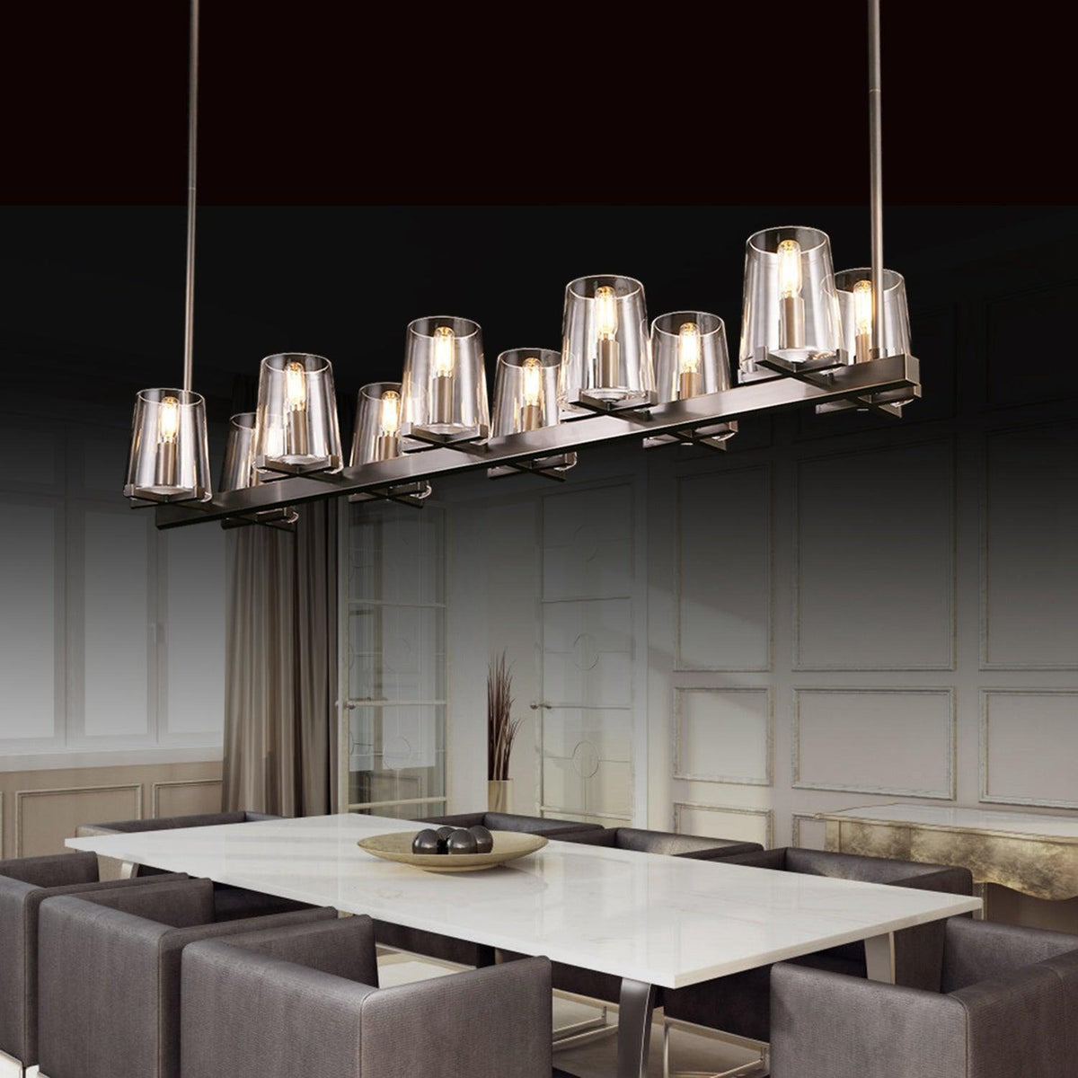 Linear Crystal Chandelier 49-60 Inch X-Frame Dining Room Ceiling Light Brass Nickel Bronze Kitchen Island | Thomler