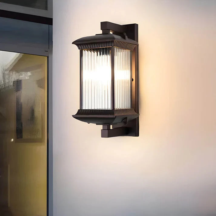 Outdoor Wall Lantern with Ribbed Glass Panels and Coffee Bronze Finish for Entryway, Patio and Garden | E27 Socket 85-265V AC | Thomler