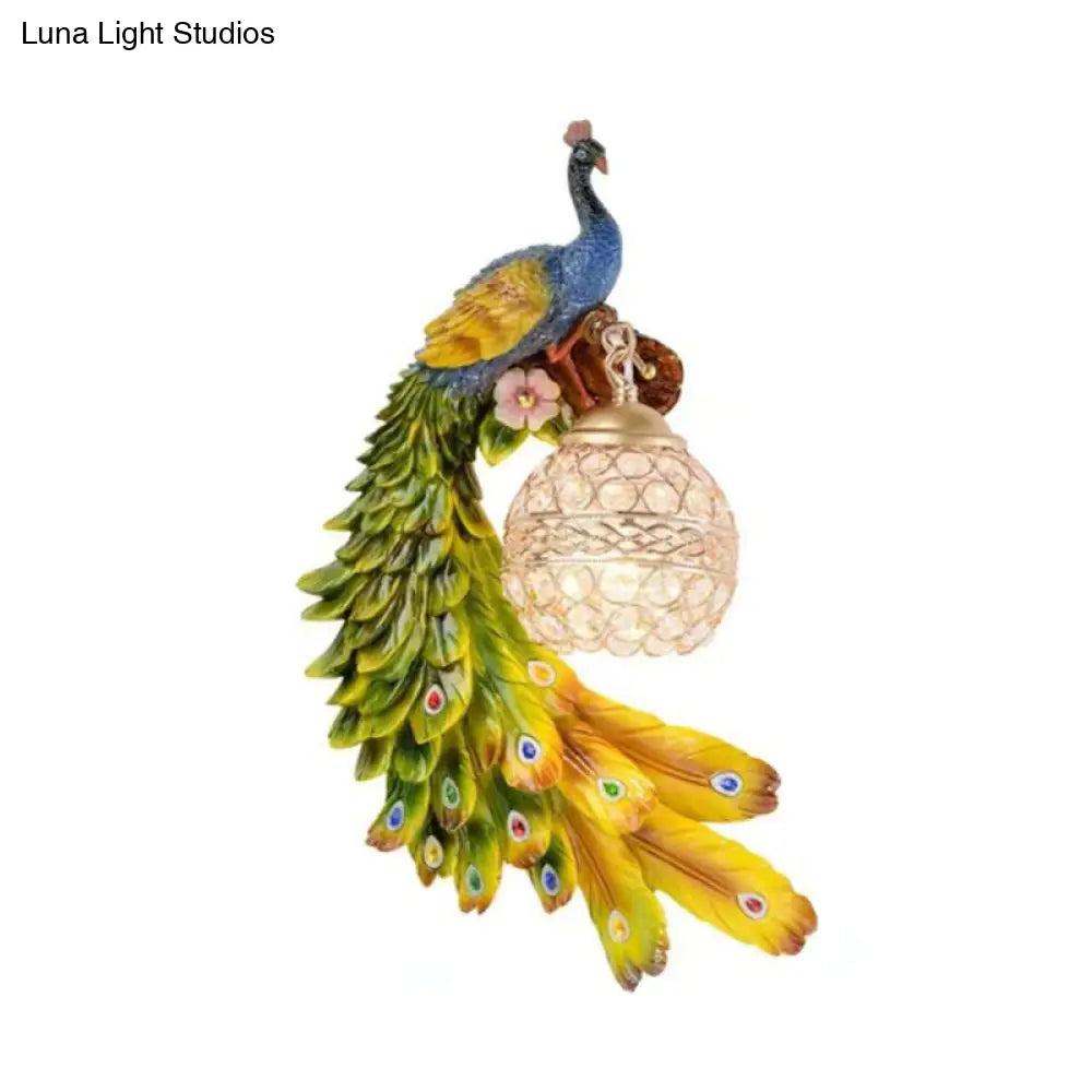 Crystal Globe Bird Wall Light Fixture for Living Room & Hallway | Art Deco Resin Sconce with Jeweled Shade for Bedroom Entryway Indoor | Thomler