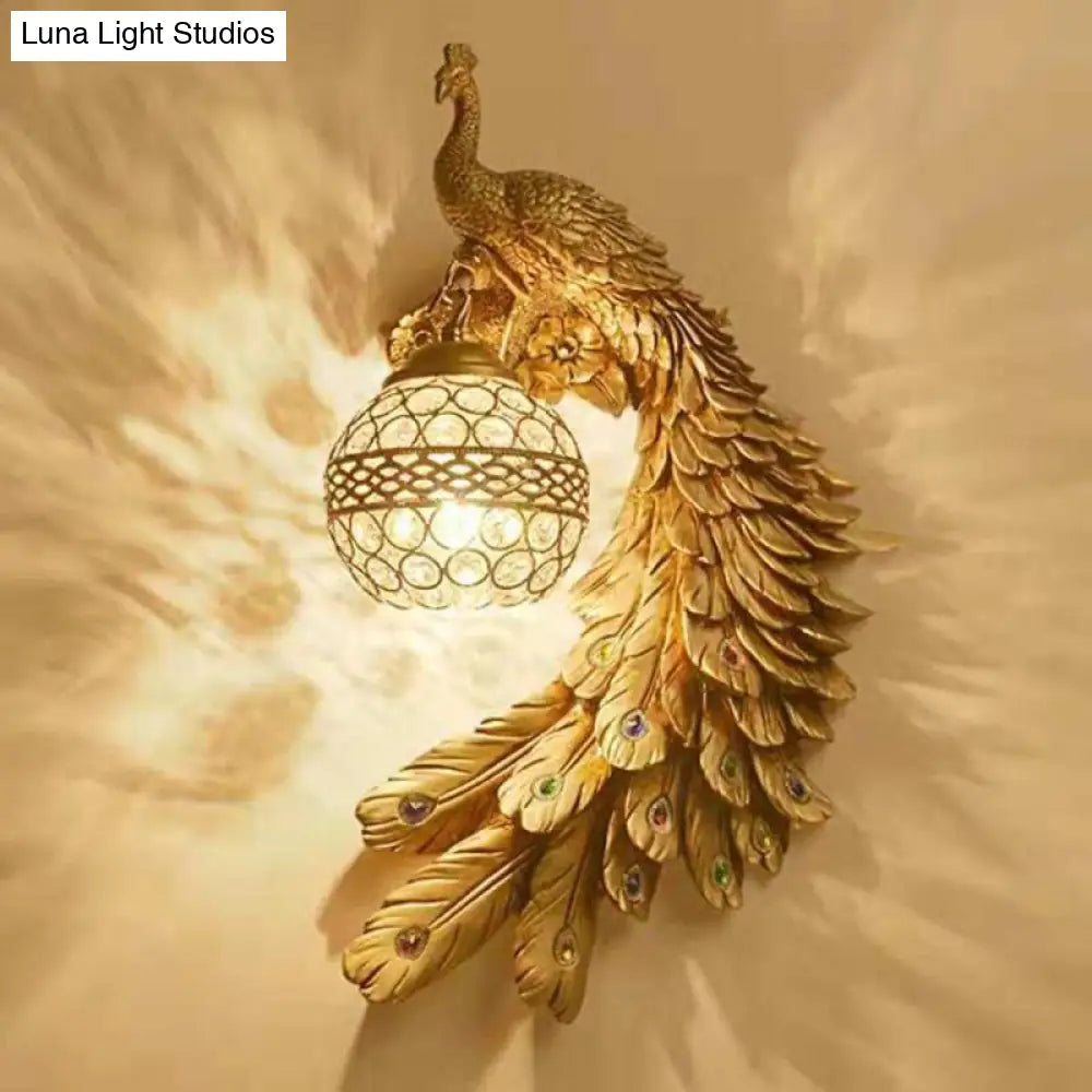 Crystal Globe Bird Wall Light Fixture for Living Room & Hallway | Art Deco Resin Sconce with Jeweled Shade for Bedroom Entryway Indoor | Thomler