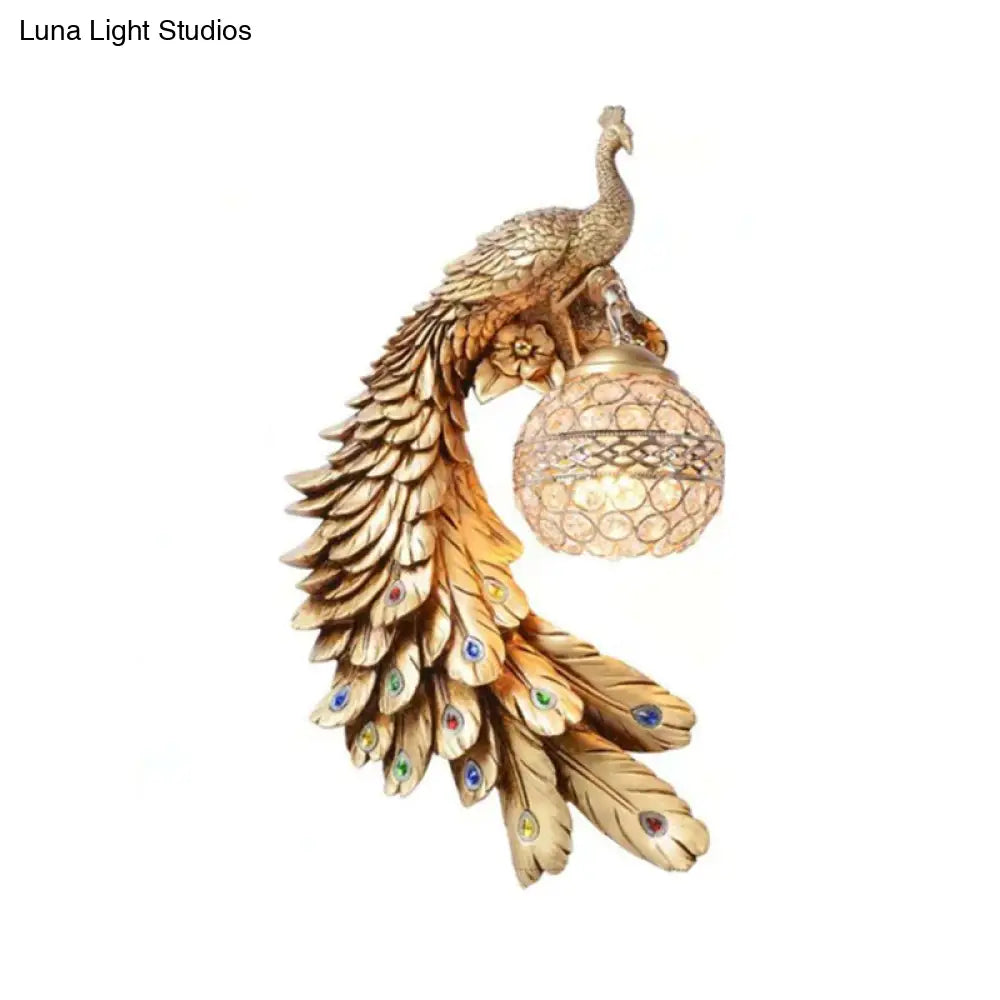 Crystal Globe Bird Wall Light Fixture for Living Room & Hallway | Art Deco Resin Sconce with Jeweled Shade for Bedroom Entryway Indoor | Thomler