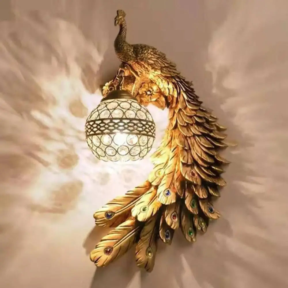 Crystal Globe Bird Wall Light Fixture for Living Room & Hallway | Art Deco Resin Sconce with Jeweled Shade for Bedroom Entryway Indoor | Thomler
