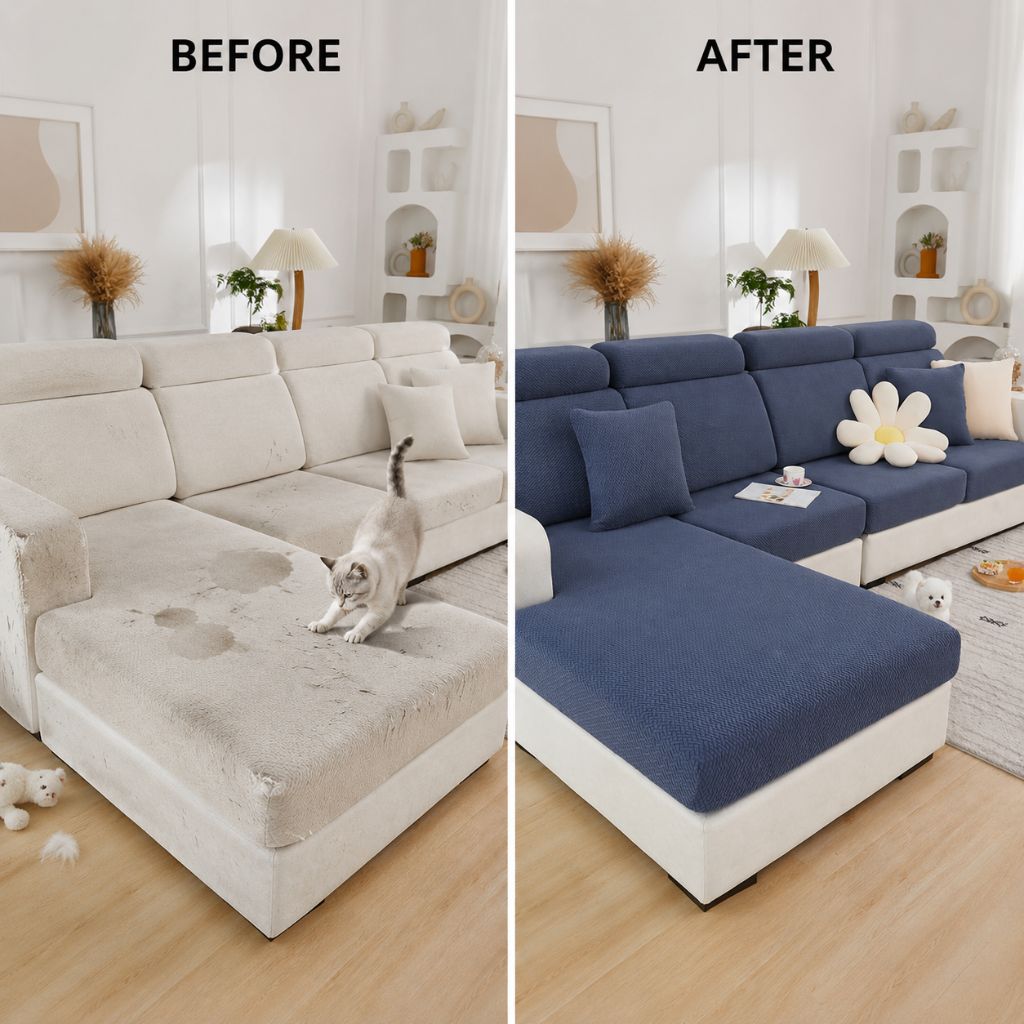 Stretchable Couch Slipcover for Pets – Machine Washable Furniture Protector for Living Room Sofas, Armchairs & Sectionals – 1-4 Seat | Thomler