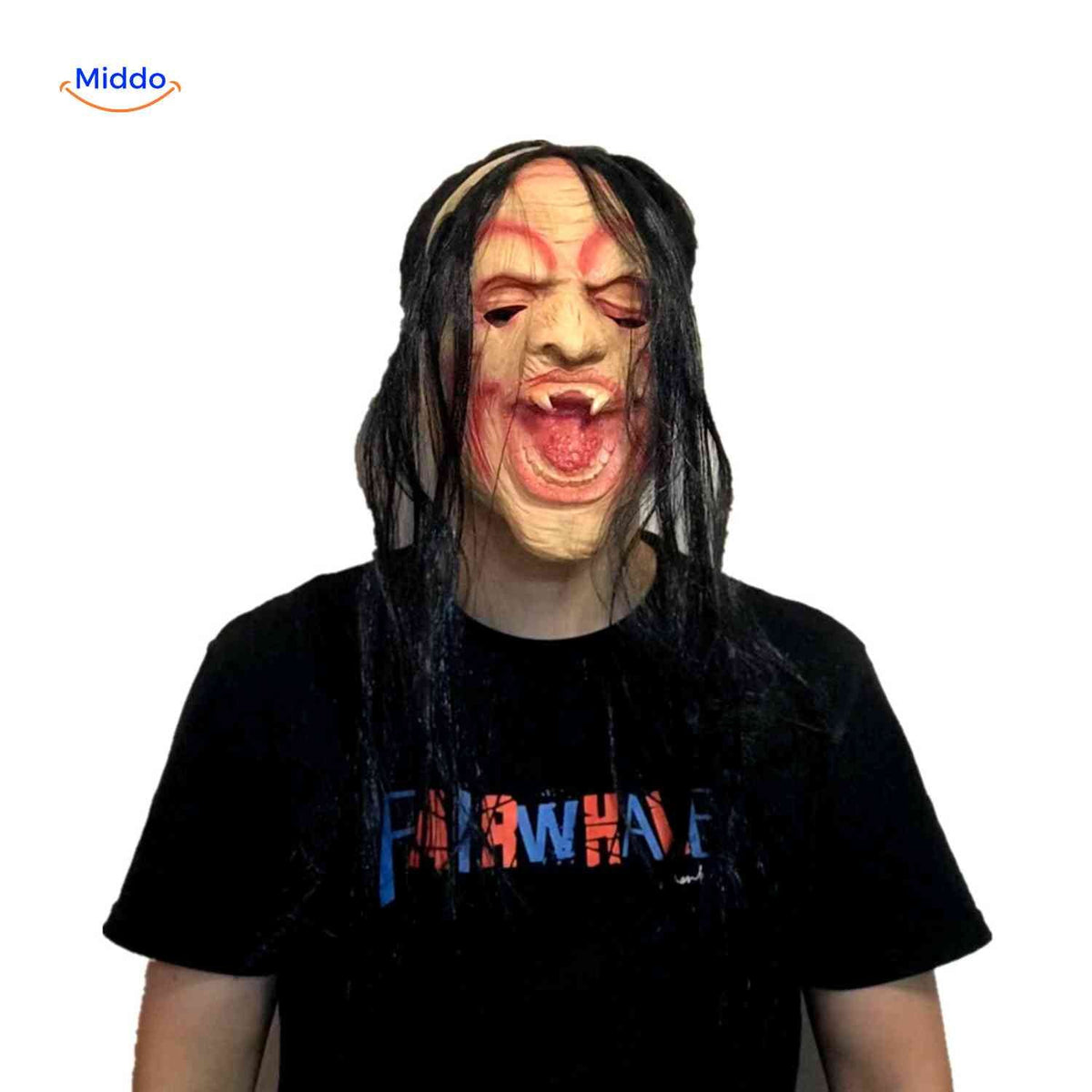 Creepy Horror Character Mask with Long Synthetic Hair for Halloween & Haunted Houses | Thomler