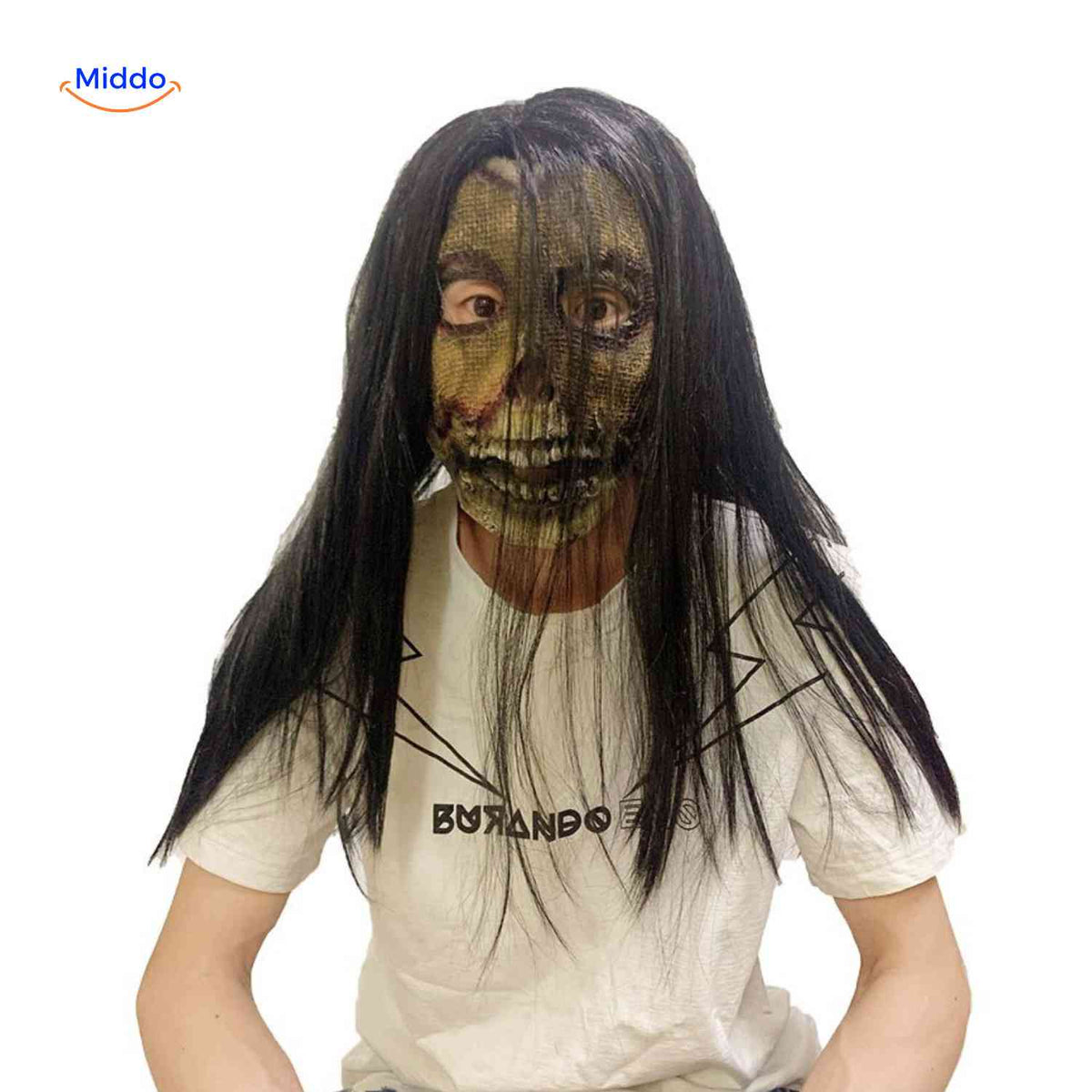 Creepy Horror Character Mask with Long Synthetic Hair for Halloween & Haunted Houses | Thomler
