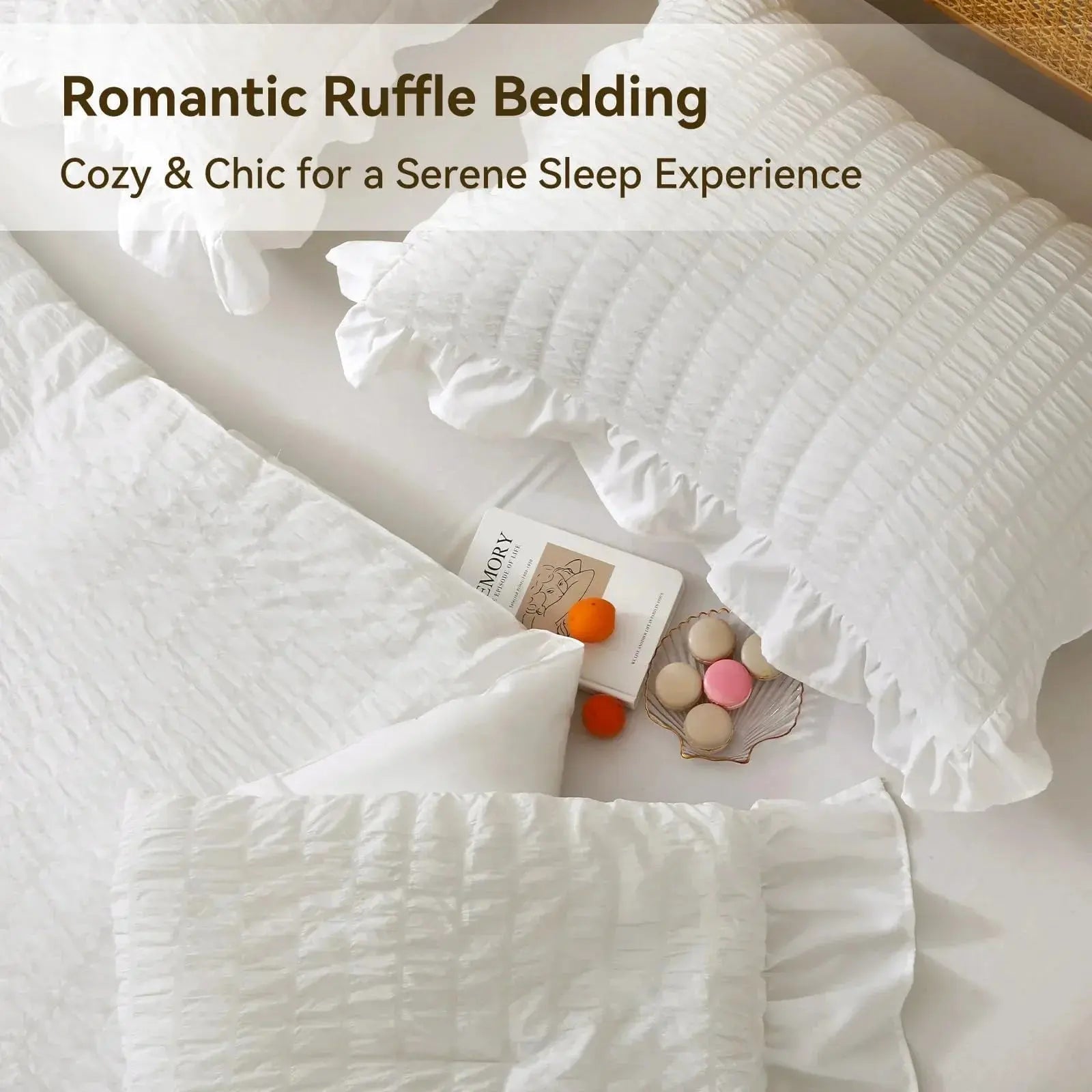Textured Seersucker Duvet Cover Set with Lace Trim | 3-Piece Wrinkle-Free Bedding with Pillowcases | Lightweight Breathable Comforter | Thomler
