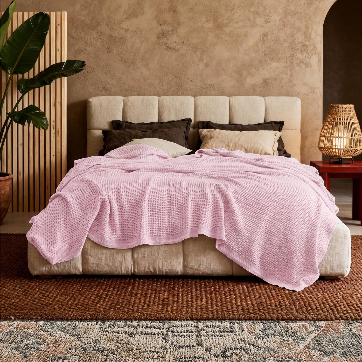 100% Cotton Waffle Weave Throw Blanket Queen King Breathable Lightweight Bed Cover for All Seasons Couch Sofa Bedroom Layering Textured | Thomler