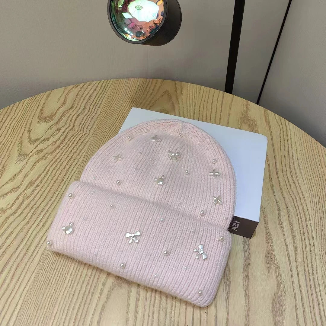 Women's Embellished Cable-Knit Cap with Faux-Pearl Trim – Soft Stretchy Fold-Over Beanie for Cold Days | Thomler