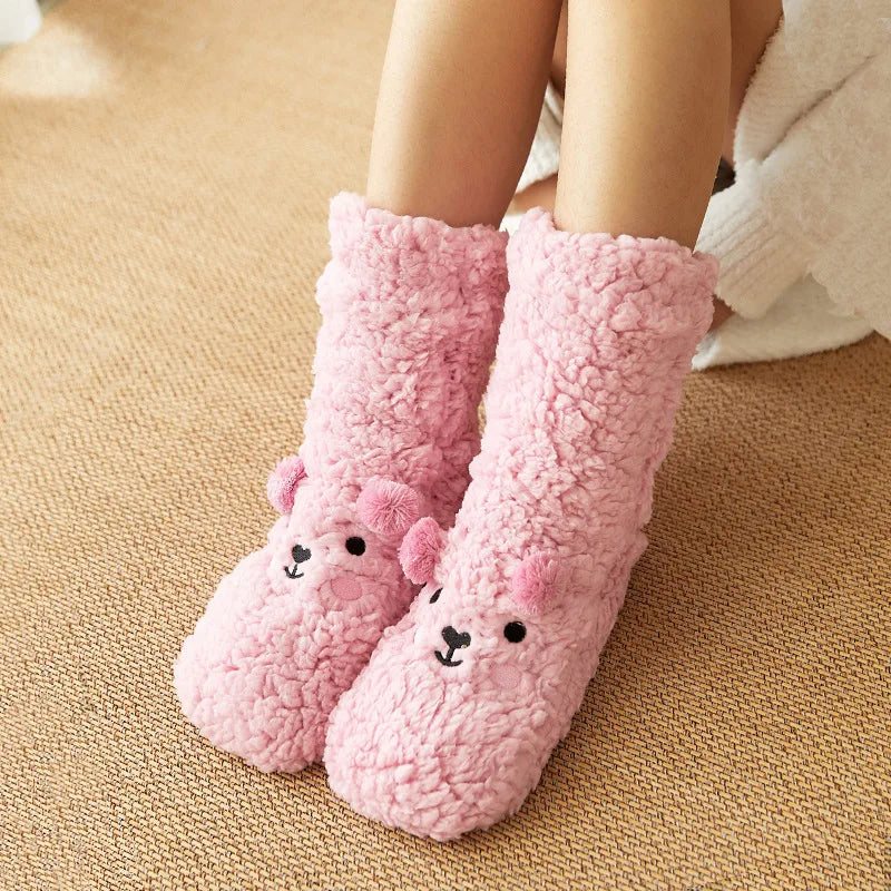 Plush Animal-Face Thermal Fleece Socks – Cozy Grippy Winter House Slippers for Women & Girls | Thomler