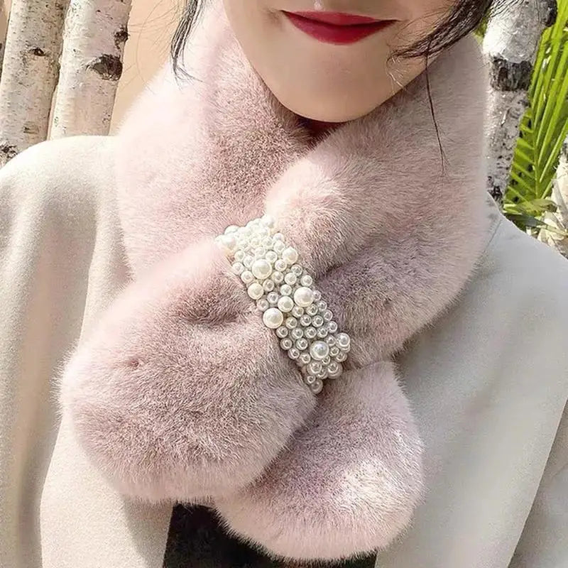 Embellished Faux-Fur Crossover Neckwarmer for Women – Cold-Weather Accessory with Decorative Bead Detail | Thomler