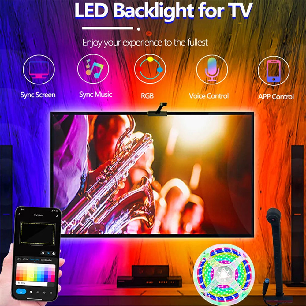 Smart RGBIC LED Bias Lighting for 55-75 inch TVs with Camera-Driven Color Matching and Bluetooth App Control | Thomler