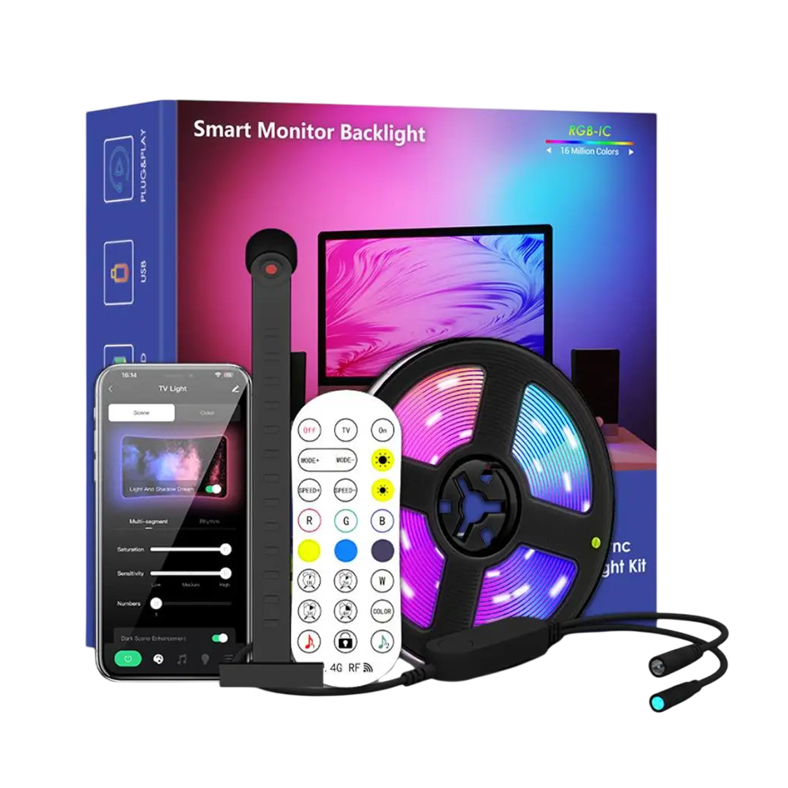 Smart RGBIC LED Bias Lighting for 55-75 inch TVs with Camera-Driven Color Matching and Bluetooth App Control | Thomler