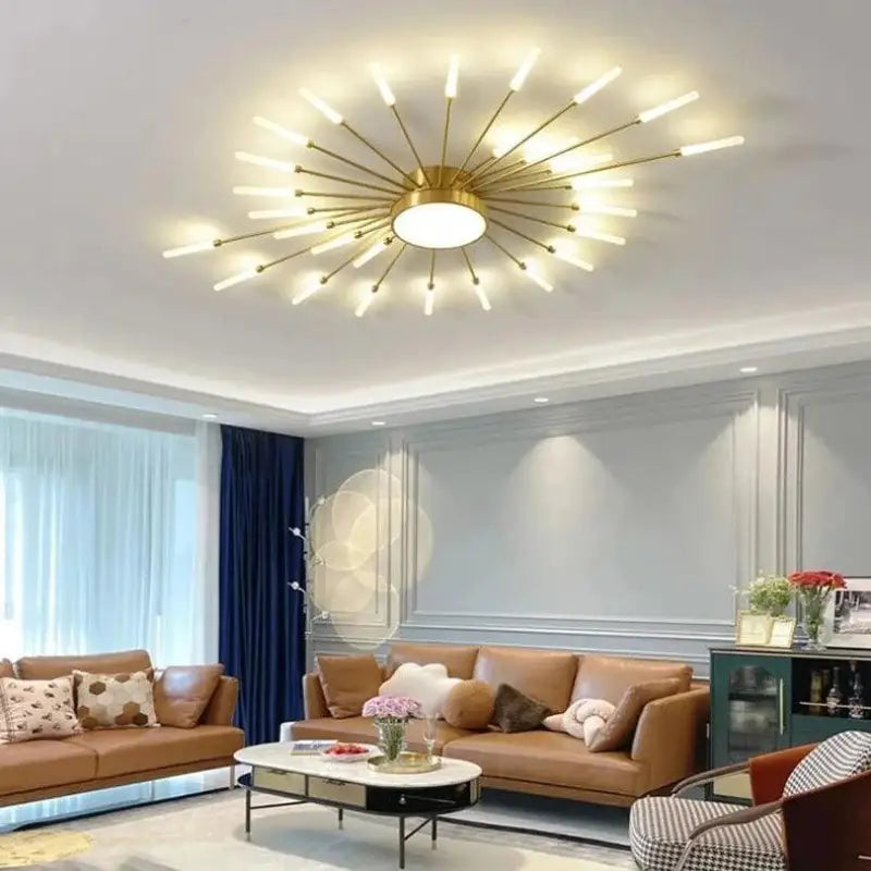 Ceiling Lamp Aluminium 128.0 cm Gold Living Room LED Sunburst Light Modern Scandinavian Lounge Lighting Fixture | Thomler