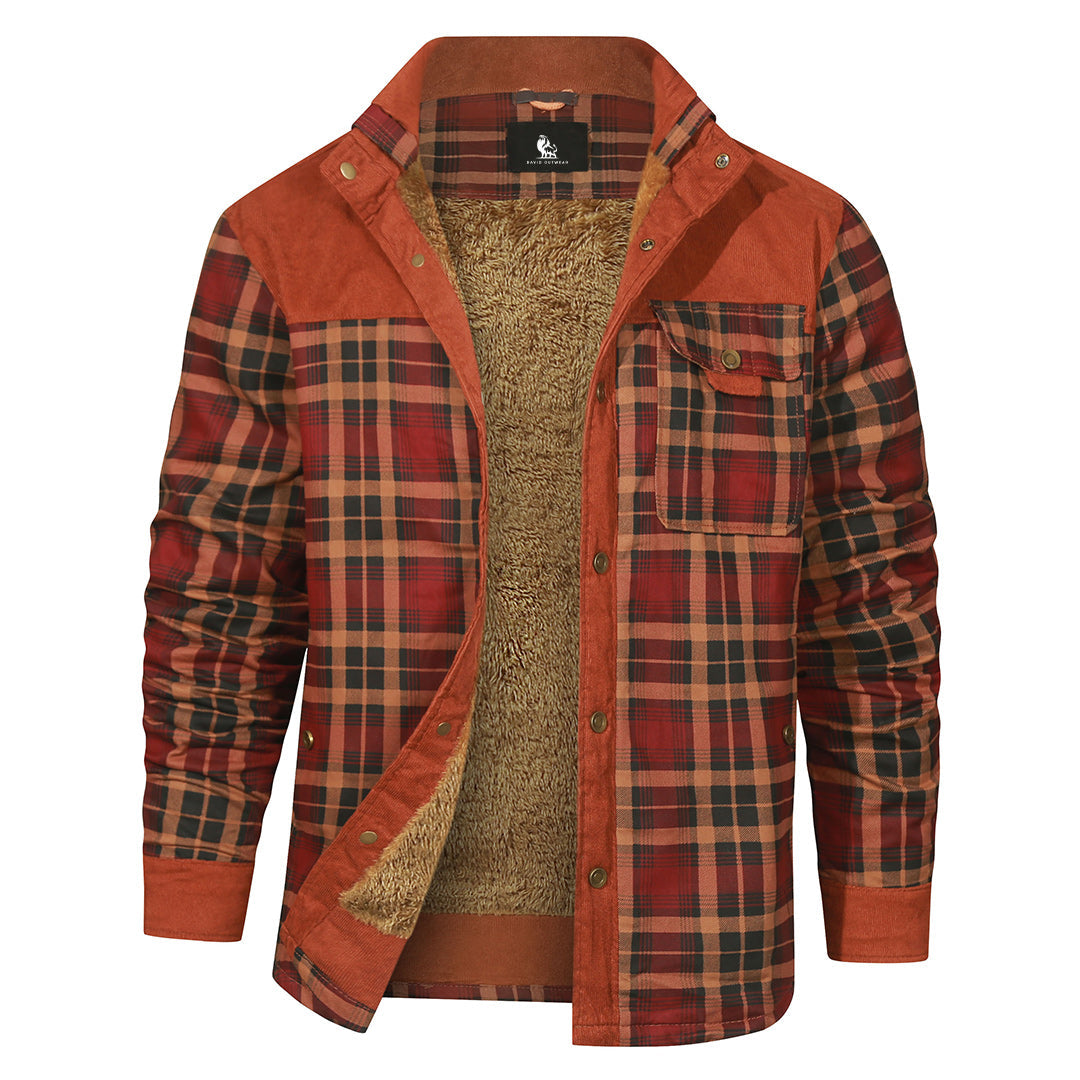 Checkered Button-Up Overshirt for Men – Heavyweight Cotton Blend Shacket with Chest Pockets – Red Plaid | Thomler