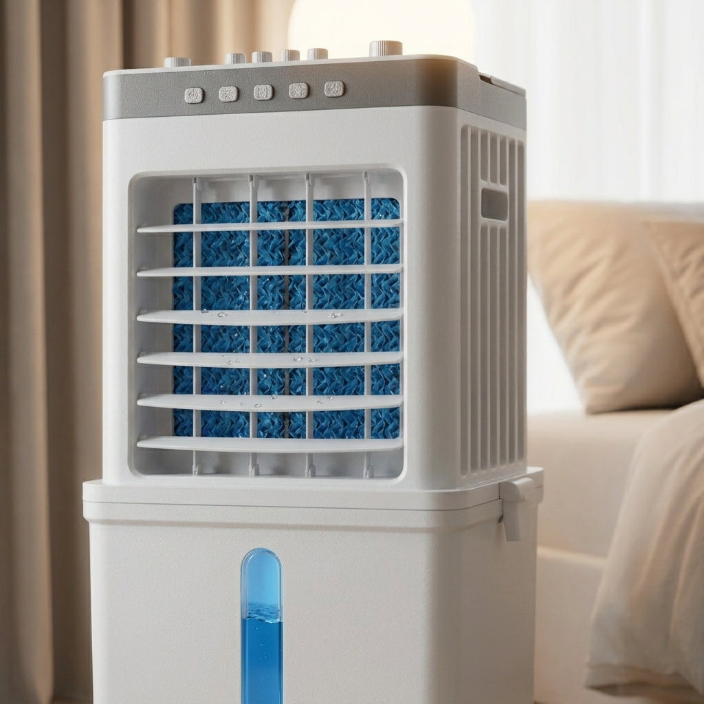 Compact Evaporative Air Cooler with Dehumidifier Function and Fan Modes for Bedrooms, Home Office, Apartments, Remote Control, Wheels, 320 | Thomler