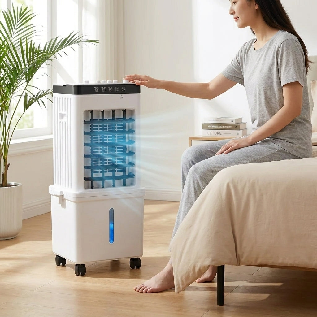 Compact Evaporative Air Cooler with Dehumidifier Function and Fan Modes for Bedrooms, Home Office, Apartments, Remote Control, Wheels, 320 | Thomler