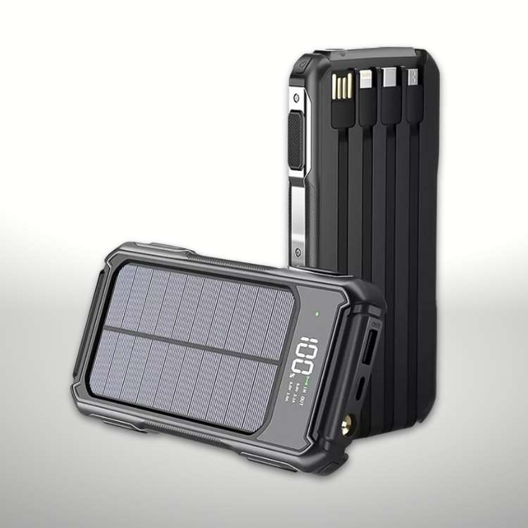 Portable Solar Power Bank 20000mAh with Built-In Cables for iPhone Android Devices USB-C Emergency Backup Battery Charger for Camping | Thomler