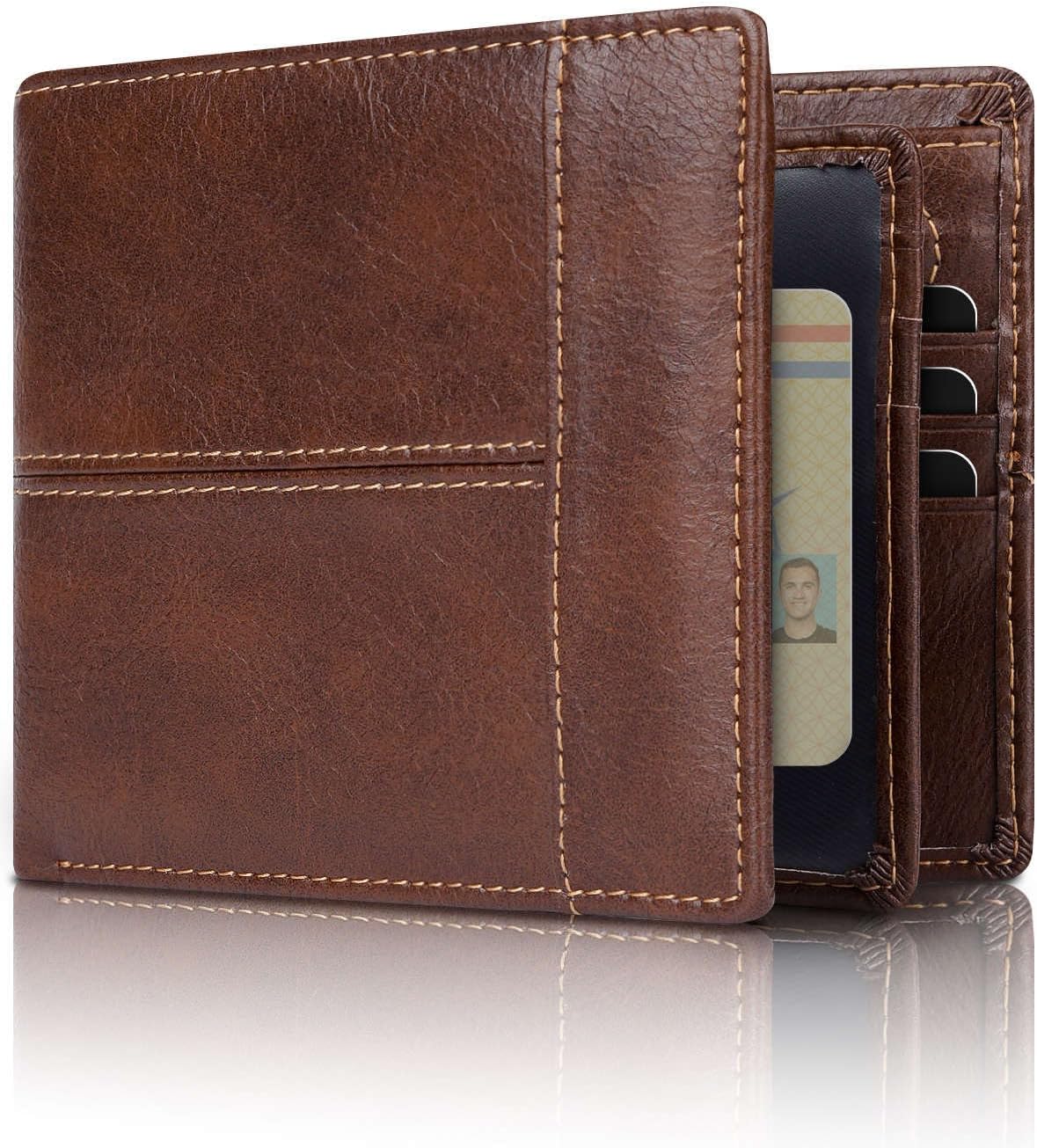Genuine Leather Bifold Wallet with RFID Protection for Men – 16 Card Slots ID Window Cash Holder Classic Fold Design Slim Everyday Carry Poc | Thomler