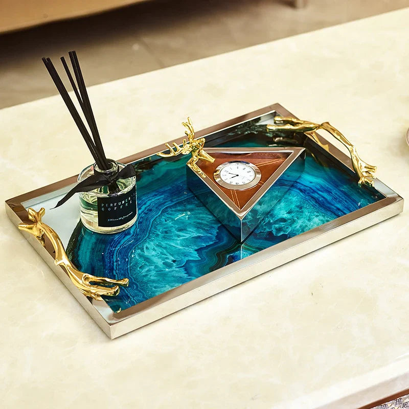 Serving Tray Glass Stainless Steel 16 in Blue Agate Pattern Dining Coffee Table Decorative Rectangle Round Display Platter | Thomler