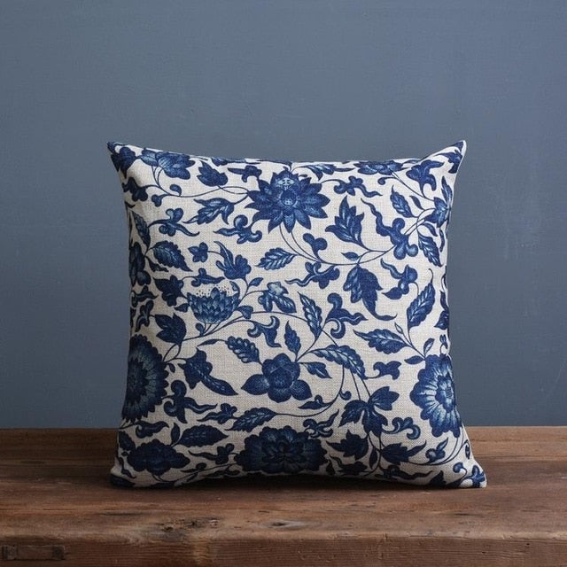 Cushion Cover Linen Cotton Blend 45.0 cm Blue Sofa Bedroom Porcelain Pattern Decorative Throw Pillow Case | Thomler