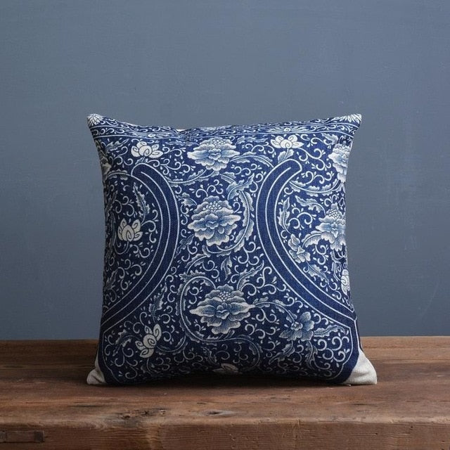 Cushion Cover Linen Cotton Blend 45.0 cm Blue Sofa Bedroom Porcelain Pattern Decorative Throw Pillow Case | Thomler