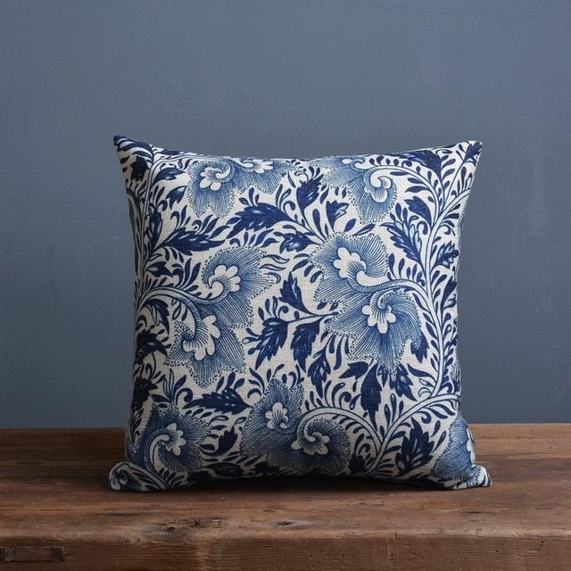 Cushion Cover Linen Cotton Blend 45.0 cm Blue Sofa Bedroom Porcelain Pattern Decorative Throw Pillow Case | Thomler