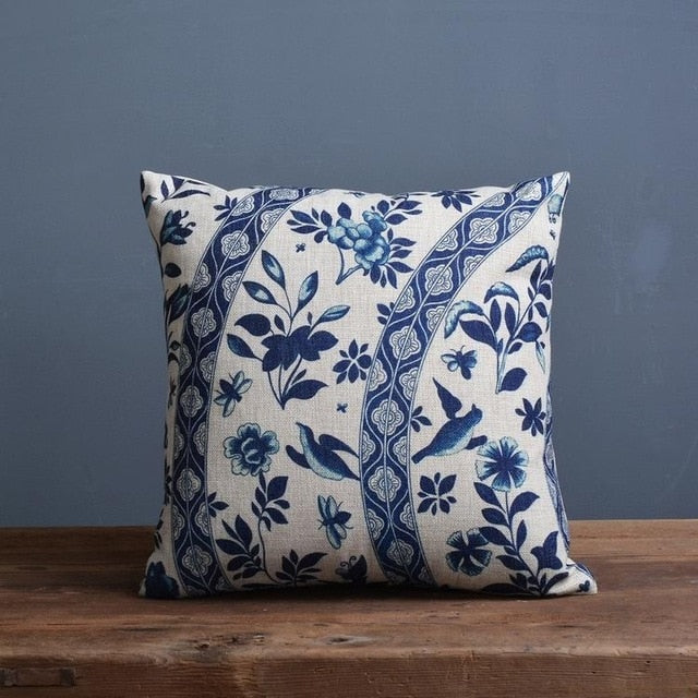 Cushion Cover Linen Cotton Blend 45.0 cm Blue Sofa Bedroom Porcelain Pattern Decorative Throw Pillow Case | Thomler
