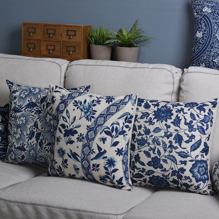 Cushion Cover Linen Cotton Blend 45.0 cm Blue Sofa Bedroom Porcelain Pattern Decorative Throw Pillow Case | Thomler