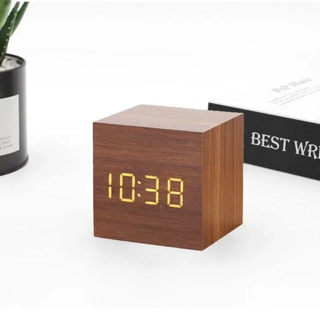 Clock Wood Look LED Display 6.0 cm Black Bedroom Desk Alarm Digital Temperature Snooze Sound Activated USB | Thomler