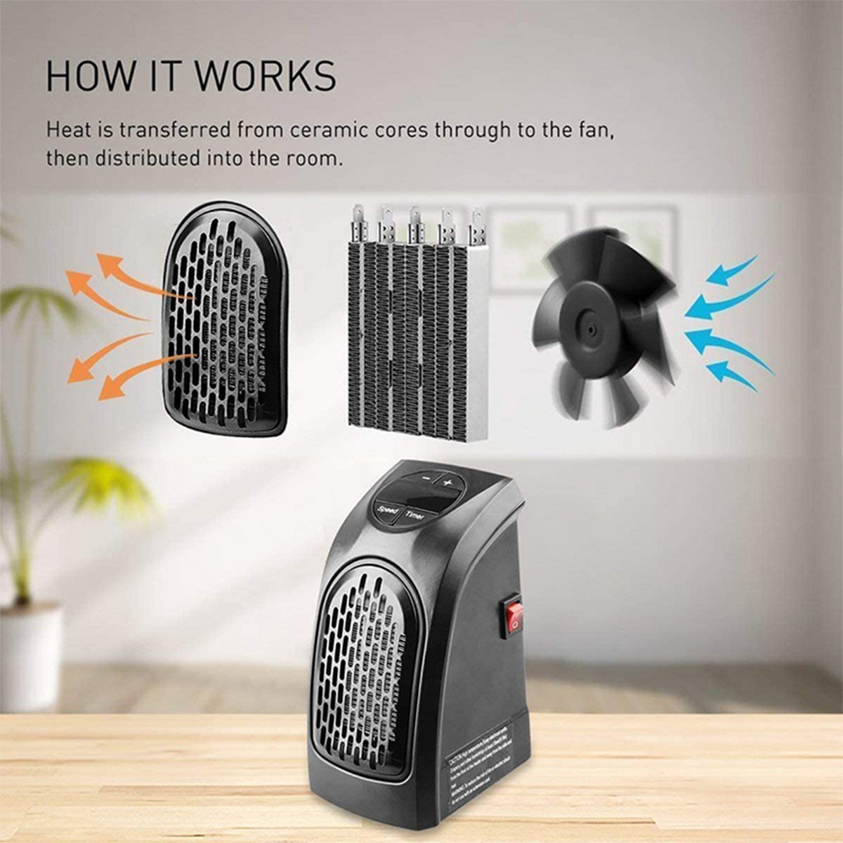 Compact Wall Outlet Ceramic Space Heater with Digital Temp Display & Timer – 400W Plug-In Room Warmer for Small Spaces | Thomler