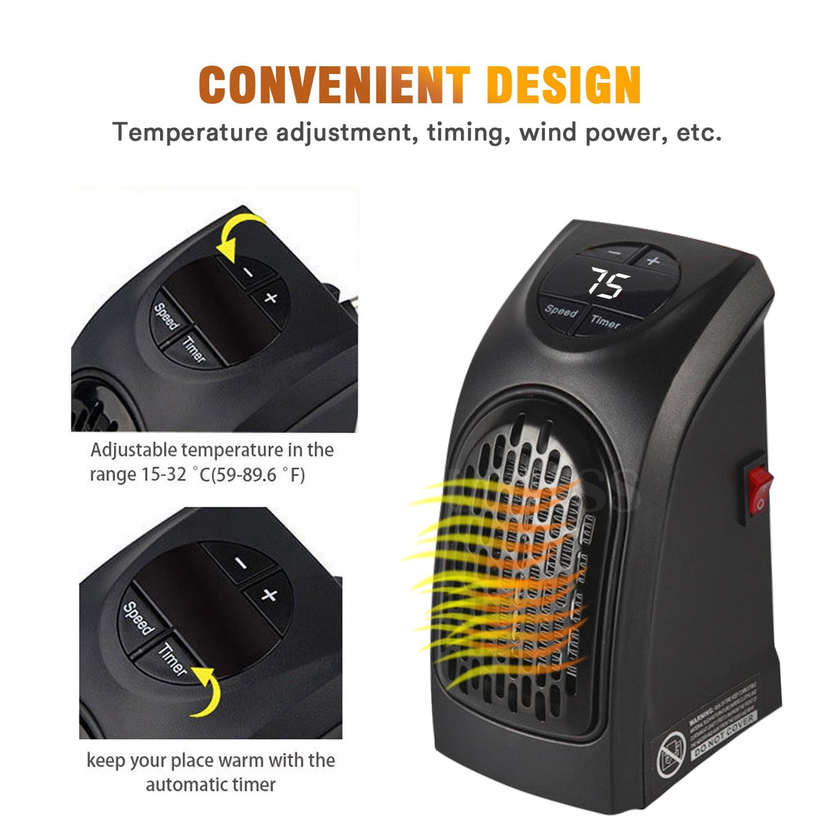 Compact Wall Outlet Ceramic Space Heater with Digital Temp Display & Timer – 400W Plug-In Room Warmer for Small Spaces | Thomler