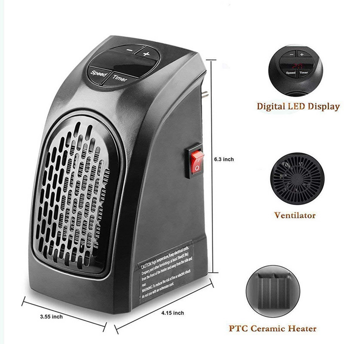 Compact Wall Outlet Ceramic Space Heater with Digital Temp Display & Timer – 400W Plug-In Room Warmer for Small Spaces | Thomler