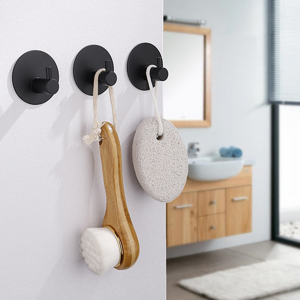 Wall Hook Stainless Steel Self Adhesive Black Bathroom Kitchen Towel Key Holder No Drill Minimalist Storage Organiser | Thomler