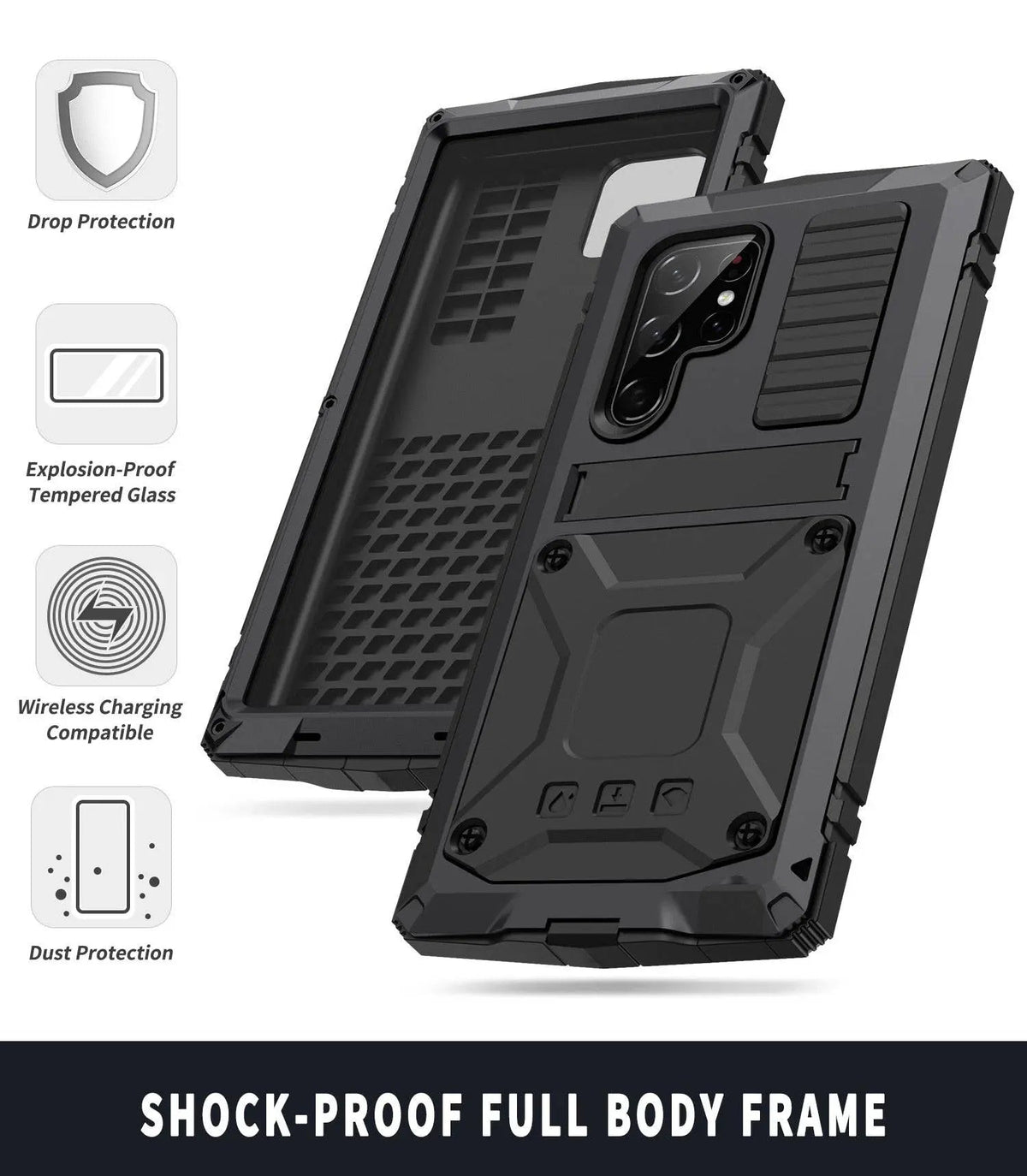 Metal Aluminum Phone Case with Kickstand & Glass Screen Protector for Galaxy S22 Series – Shockproof Full-Body Armor Shell | Thomler
