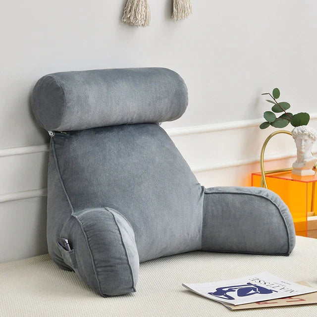 Backrest Cushion with Armrests for Lounging in Bed – Lumbar Support Pillow for TV & Books – Machine Washable Cover, Side Pocket | Thomler