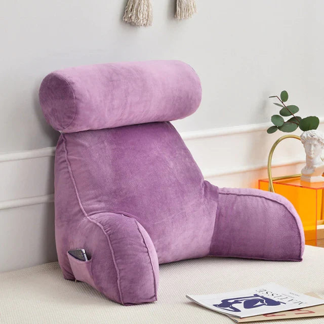 Backrest Cushion with Armrests for Lounging in Bed – Lumbar Support Pillow for TV & Books – Machine Washable Cover, Side Pocket | Thomler