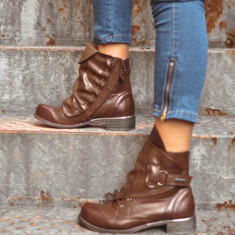 Women's Ankle Winter Boots with Ruched Detail & Side Zip – Flat Vegan Leather Round Toe Bootie for Cold Weather | Thomler