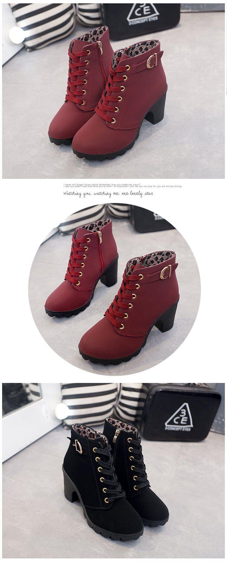 Women's Block Heel Ankle Boots with Side Zip – Faux Leather Winter Booties | Thomler
