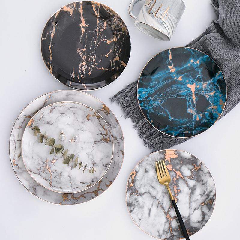 Dinner Plates Porcelain Marble Pattern 20.0 cm (7.9") Gold Rim Dining Table Dessert Salad Serving Tableware Set | Thomler