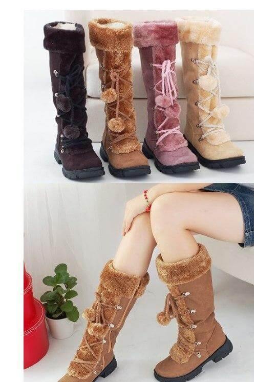 Women's Mid-Calf Winter Boots with Bow Accent & Lace-Up Design – Plush-Lined Wedge Snow Boots for Cold Weather | Thomler