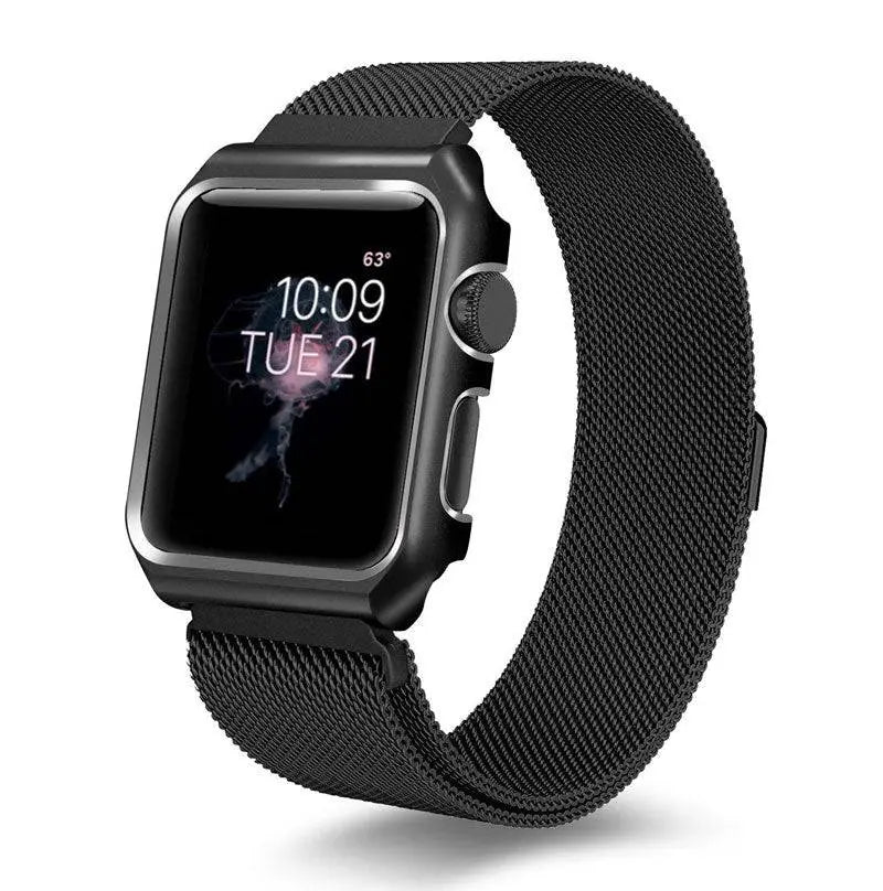 Stainless Steel Mesh Band & Protective Case Bundle for Apple Watch 38mm 40mm 42mm 44mm – Magnetic Adjustable Strap with Coordinated Cover | Thomler