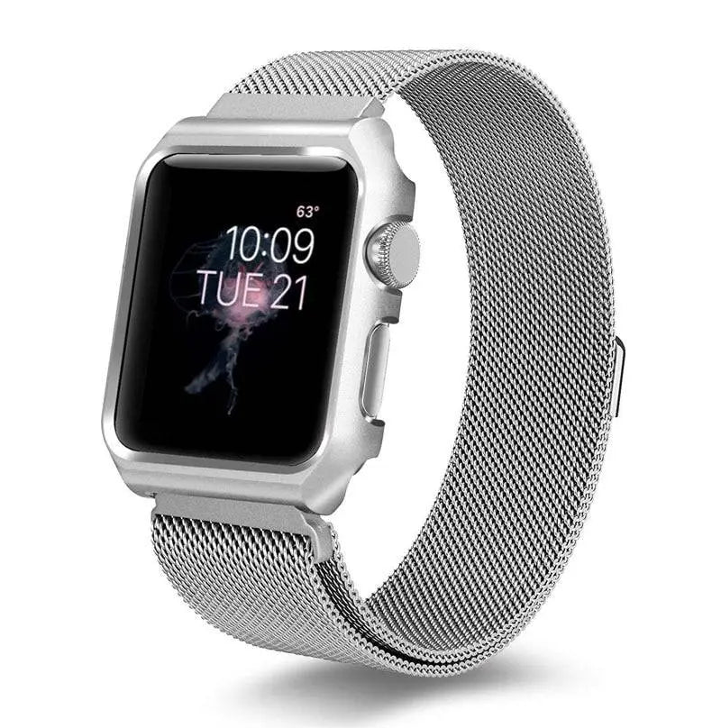 Stainless Steel Mesh Band & Protective Case Bundle for Apple Watch 38mm 40mm 42mm 44mm – Magnetic Adjustable Strap with Coordinated Cover | Thomler