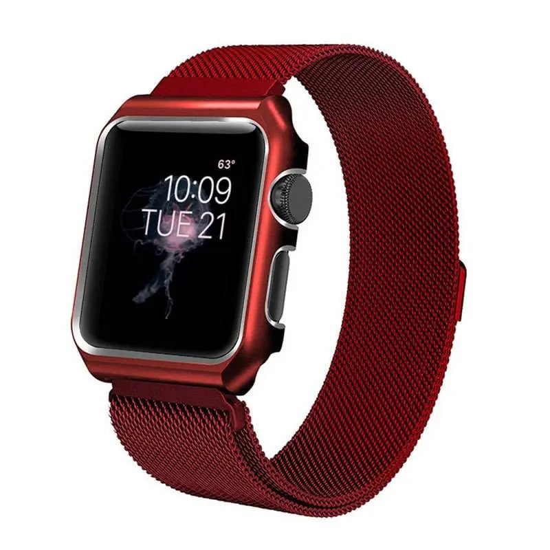 Stainless Steel Mesh Band & Protective Case Bundle for Apple Watch 38mm 40mm 42mm 44mm – Magnetic Adjustable Strap with Coordinated Cover | Thomler