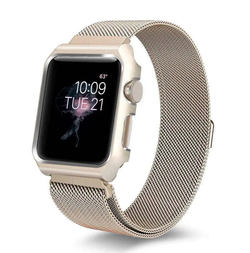 Stainless Steel Mesh Band & Protective Case Bundle for Apple Watch 38mm 40mm 42mm 44mm – Magnetic Adjustable Strap with Coordinated Cover | Thomler