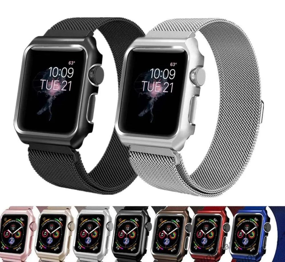 Stainless Steel Mesh Band & Protective Case Bundle for Apple Watch 38mm 40mm 42mm 44mm – Magnetic Adjustable Strap with Coordinated Cover | Thomler
