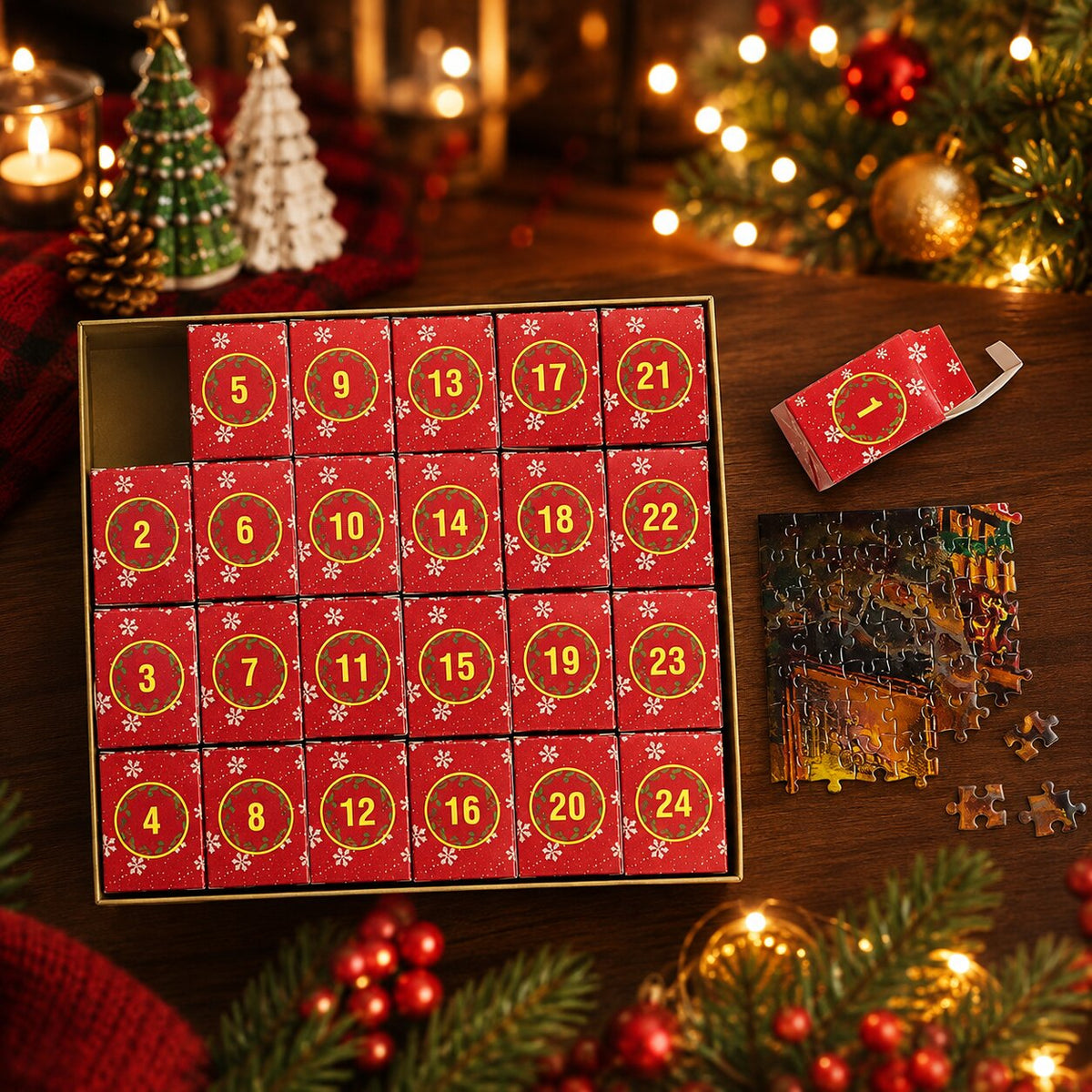 Holiday Countdown Jigsaw Calendar – 1,008-Piece Christmas Puzzle in 24 Daily Segments with Full-Size Guide Poster | Thomler