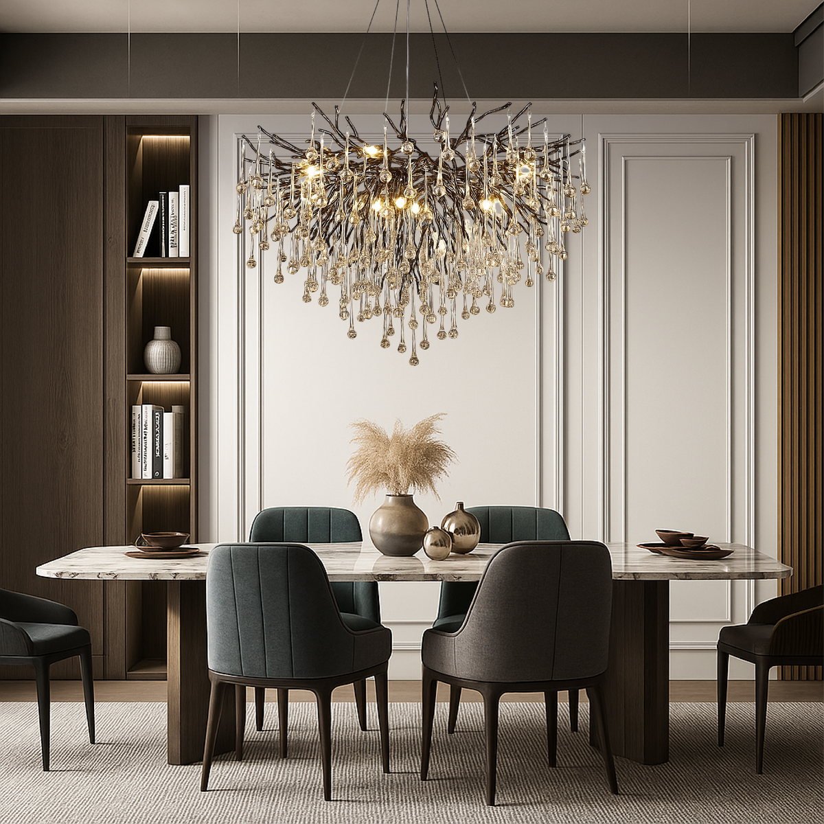 Crystal Raindrop Chandelier Black Aluminum Ring Warm LED High Ceiling Entryway Dining Room Modern Cascade Lighting Fixture | Thomler