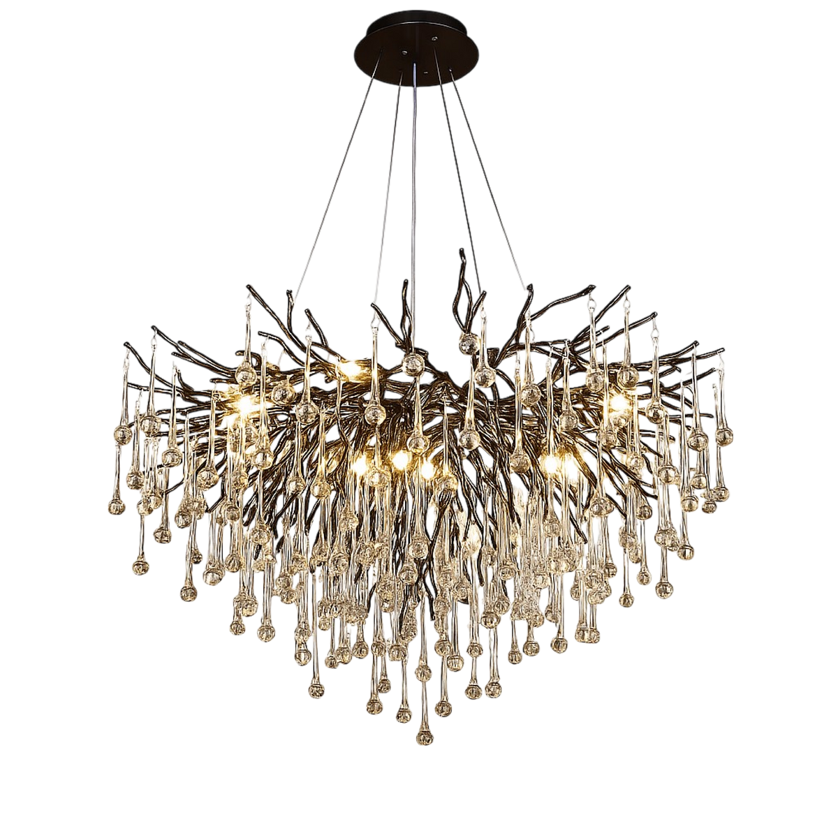 Crystal Raindrop Chandelier Black Aluminum Ring Warm LED High Ceiling Entryway Dining Room Modern Cascade Lighting Fixture | Thomler