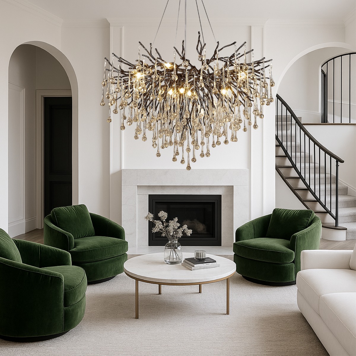 Crystal Raindrop Chandelier Black Aluminum Ring Warm LED High Ceiling Entryway Dining Room Modern Cascade Lighting Fixture | Thomler