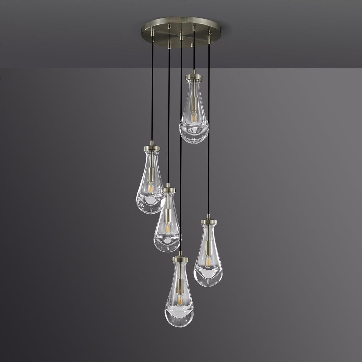 5-Light Glass Drop Chandelier, 14 Inch Round Ceiling Fixture with Cascading Crystal Pendants for Dining Room & Entryway | Thomler